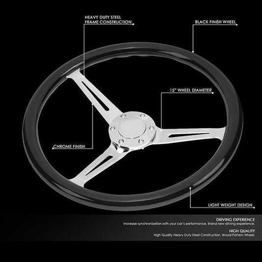 15 in. Vintage Style Black Wood Grain Steering Wheel - Stainless Steel Spokes