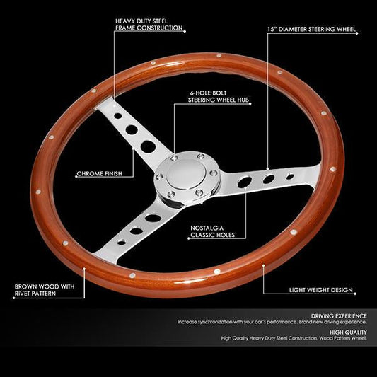 15 in. Vintage Style Riveted Wood Grain Steering Wheel - Stainless Steel Spokes