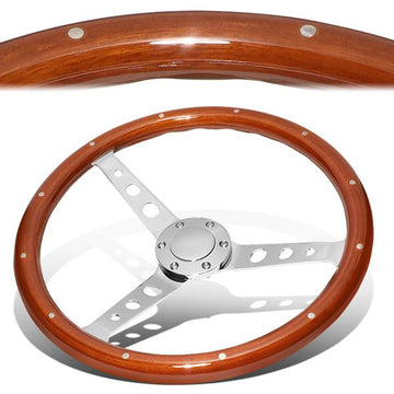 15 in. Vintage Style Riveted Wood Grain Steering Wheel - Stainless Steel Spokes