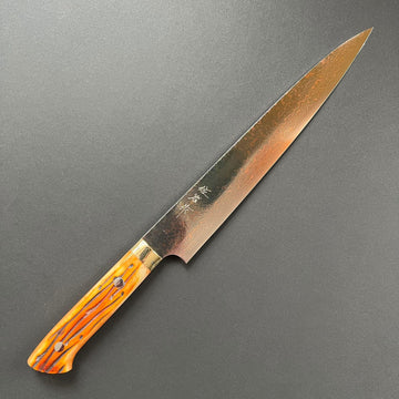 Sujihiki knife, VG10 Stainless Steel, Coloured Damascus finish, Western style cow horn handle - Saji