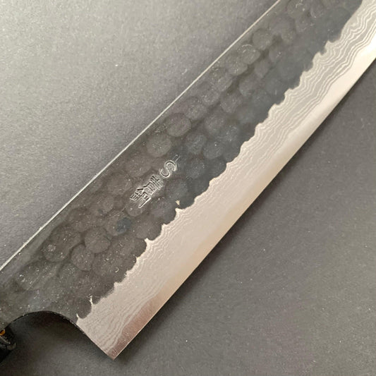 Sujihiki knife, Aogami Super carbon steel, Kurouchi Tsuchime and damascus finish - Akifusa
